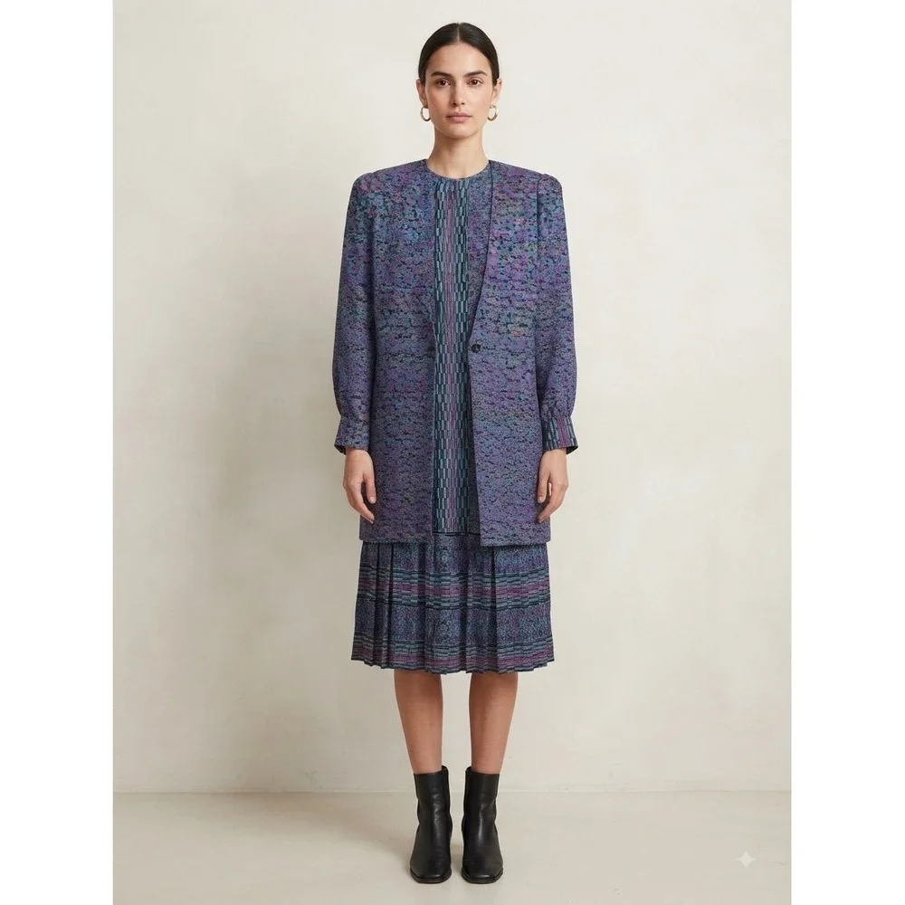 Rare UMI Collections Anne Crimmins Silk 2 Piece Set Dress Blazer Purple Teal 8